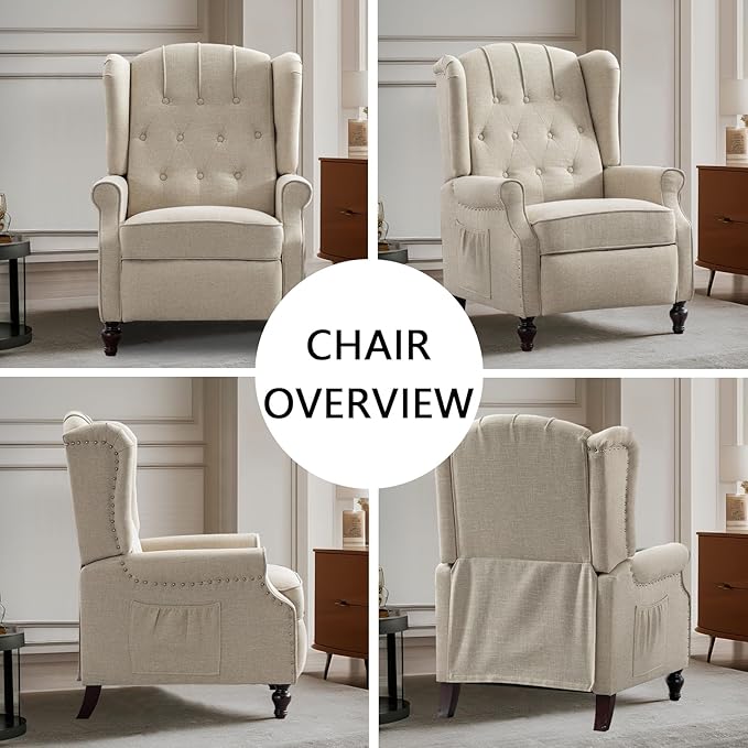 MANBUR Wingback Pushback Recliner Chair Upholstered Tufted Recliner with Massage and Heat Tufted Armchair Single Sofa Reclining Sofa for Living Room Bedroom or Club (Beige)