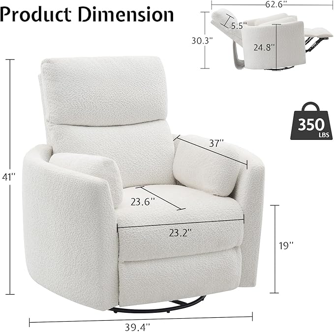 Jocisland Power Recliner Nursery Chair for Adults Electric Swivel Rocking Glider with USB &amp Type-C Charge Teddy Sherpa Armchair with 2 Pillows Cozy Reclining Sofa for Living Room Bedroom Whit