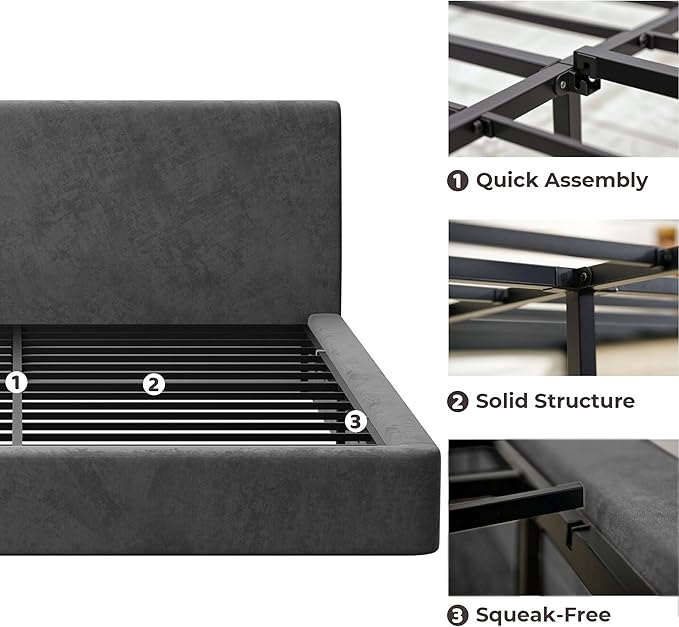RECCI AirFrame King Size Bed Frame with Ergonomic Angled Foam Cushioned Headboard Minimalist Design Platform Bed Frame No Box Spring Needed Easy Assembly (Moon Grey)