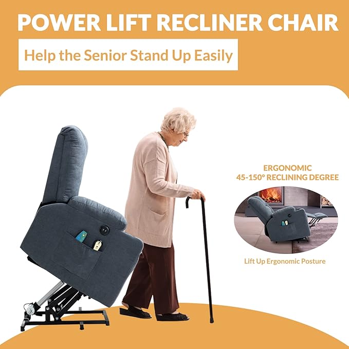 Electric Power Lift Recliner Chair with Heat and Massage Lift Recliner for Elderly Single Sofa recliners for Living Room with Cup Holders 4 Pockets USB Ports Soft Fabric (Gray-Blue)