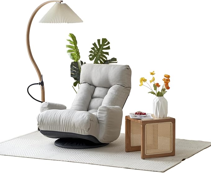 Gwen Upholstered 360° Swivel Chair Lounge Chair with Adjustable Backrest/Headrest Metal Frame Living Room Lounge Sofa and Phone Holder Comfy Bean Bag Chair Gray