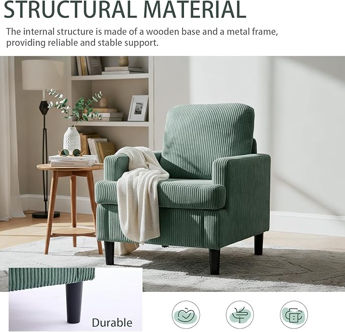 Modern Accent Chair Cozy Living Room Chairs Mid Century Modern Accent Chairs Reading Chair with Armrests for Living Room Bedroom and Study（Green）