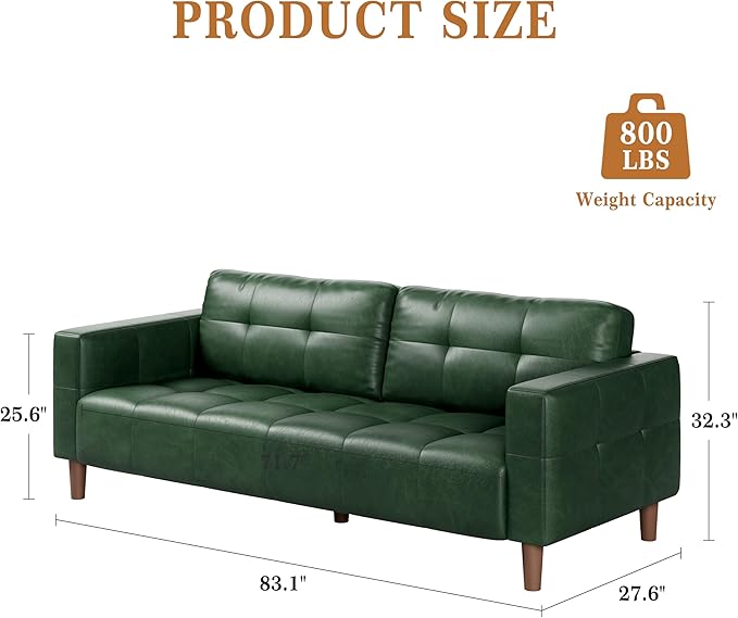3-Seater Sofa Couch 83 in Wide Faux Leather Sofa Couch with Spring Cushion Modern Sofa with Deep Seats and 2 Removable Back Cushions for Living Room Bedroom Apartment Green