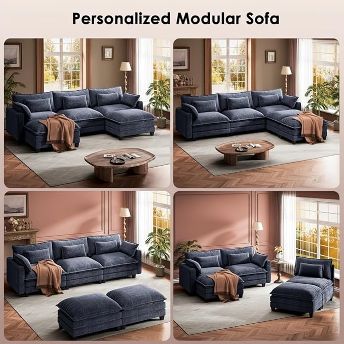 Marsail Modular Sectional Sofa 110.6 U-Shaped Modern Comfy Cloud Couch 5-Seat Chenille Deep Seat Sofa with Throw Pillow &amp Movable Ottoman for Living Room Bedroom and Apartment Navy Blue