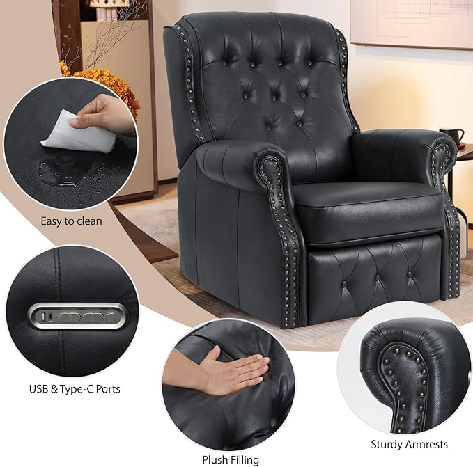 EONIX Dual Motor Lay Flat Power Recliner Chair Mid Century Wingback Recliner with Independent Adjustable Backrest and Extended Footrest 400lbs Heavy Duty Breathable Faux Leather Black