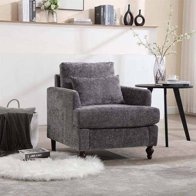 Upholstered Living Room Chair Chenille Accent Chair Single Sofa with Cushion &amp Solid Wood Frame Mid Century Modern Armchair for Bedroom Office