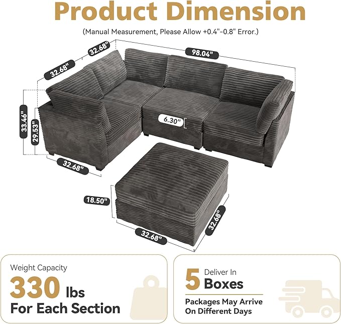 Modular Sectional Couch for Living Room5 Seat Sectional SofaL Shaped Cloud Couch with Ottoman Chaise Set Gray