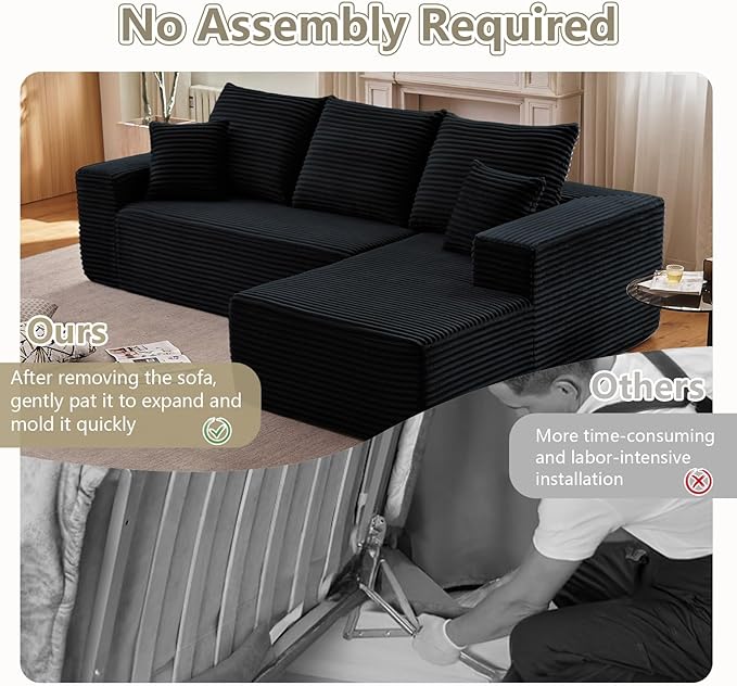 107 Modular Sectional Couches for Living Room Comfy Boneless L Shaped Cloud Couch with Chaise Lounge Modern Cozy Corduroy Deep Seat Floor Sofa Memory Foam No Assembly Required Black