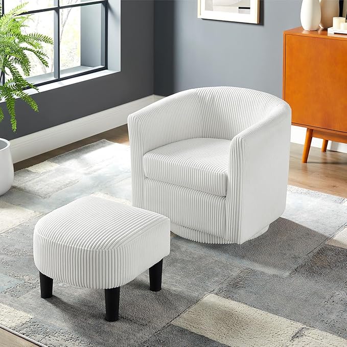 Corduroy Swivel Accent Chair with Ottoman Round Barrel Chair with Armrest Comfy Reading Chair for Living Room Bedroom Office (White)