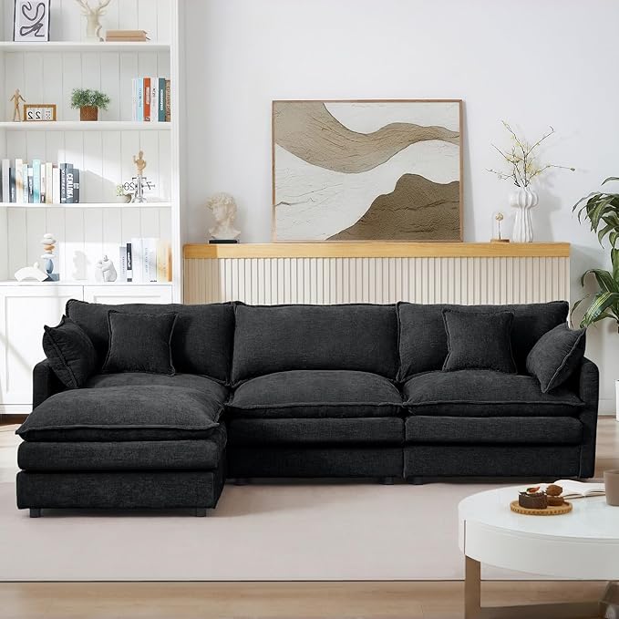 102 Black Modular Sectional Sofa with Movable Ottoman Convertible L Shaped Chenille Cloud Couch Comfy 3-Seater Deep Seat Sofa Couches for Living Room Bedroom and Apartment (Black 102)