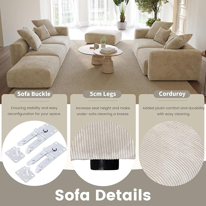 Modular Sectional Couch Sofa with 4 Pillows 102 L Shaped Sofa Couch with Chaise OttomansCorduroy Fabric Couches (Beige)