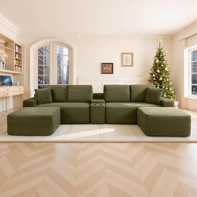 150 Oversized Modular Sectional Sofa Deep Seat Cloud L-Shape Corduroy Couch with Cup Holders USB Ports Wireless Charging &amp Storage Box Upholstered Modular Sleeper Sofa for Living Room (Green)