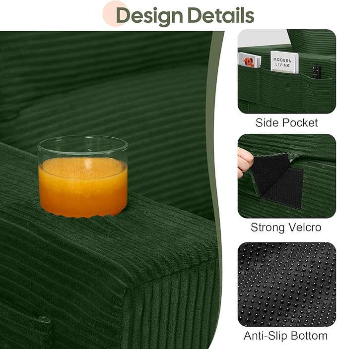 COMAX Futon Sofa Bed 3 Seater 106 Convertible Sofa Bed Couches for Living Room 4 in 1 Folding Boneless Sleeper Corduroy Couch Foam in a Box Comfy Foldable Lounge Fold Out Floor Mattress Green