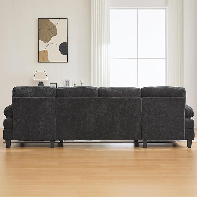 103.5 U-Shaped Sectional Sofa Modern Chenille Fabric Couch with Dual Chaise Lounges Side Storage Pockets and Armrest Pillows for Living Room (Black//16)