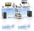 Giantex 94.5” 2 Person Desk with LED Lights Long PC Study Desk with Storage Shelves Power Outlets Keyboard Tray &amp Monitor Stand Double Computer Desk Workstation for Home Office (White)