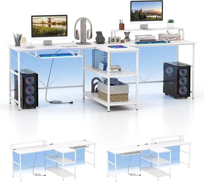 Giantex 94.5” 2 Person Desk with LED Lights Long PC Study Desk with Storage Shelves Power Outlets Keyboard Tray &amp Monitor Stand Double Computer Desk Workstation for Home Office (White)