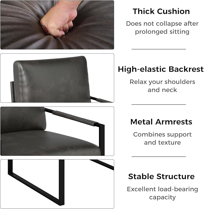 CANMOV Mid Century Modern Accent Chair Set of 4 Breathable PU Leather Armchair with Removable Cushion Comfy Living Room Chairs with Sturdy Metal FrameThicker Backrest for Living RoomDark Grey
