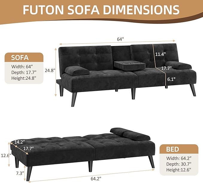 Shintenchi Futon Sofa Bed Velvet Foldable Couch Reclining Sleeper with Removable Armrests Upholstered Loveseat Sofa Couch with Folding Cup Holders for Home Office(Black)