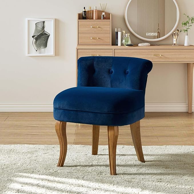 HULALA HOME Velvet Vanity Stool with Low Back Modern Vanity Chair with Solid Wood Legs Small Upholstered Makeup Chair Home Decor for Bedroom Living Room Dressing Table Women Girls Navy