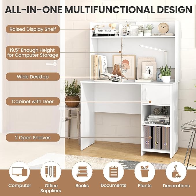 Tangkula Computer Desk with Hutch Home Office Desk with Raised Display Shelf &amp 2 Open Shelves Cabinet with Door Cable Management Holes Modern Laptop PC Desk Study Writing Desk for Bedroom