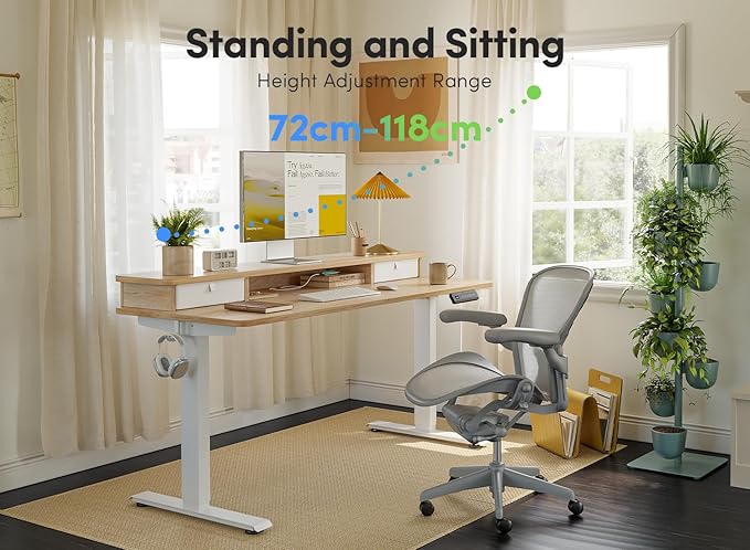 FEZIBO 55 x 24 Inch Height Adjustable Electric Standing Desk with Double Drawer Computer Desk Home Office Stand Up Table with 4 Height-Adjustable Feets &amp 2 Hooks Maple