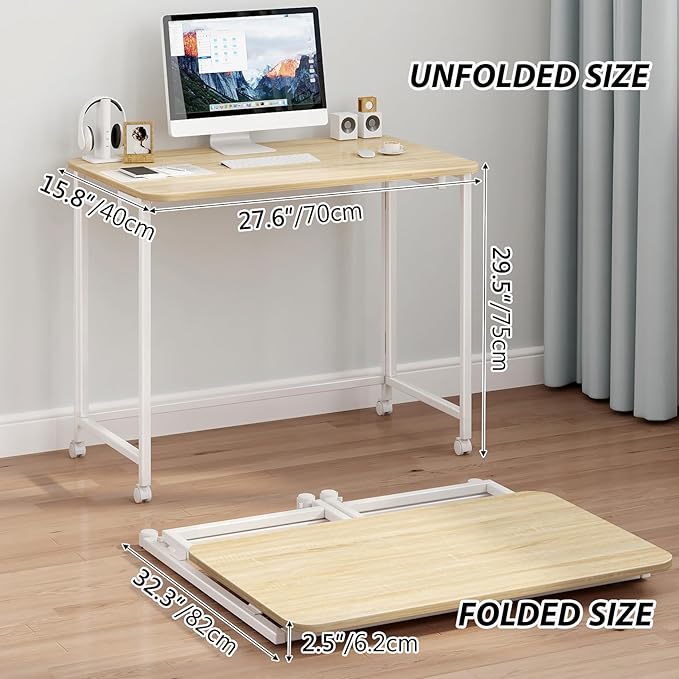 JSB Small Folding Computer Desk with Storage Bag and Hook Writing Modern Industrial Work Table Laptop for Home Office White (Natural &amp White 27.6)