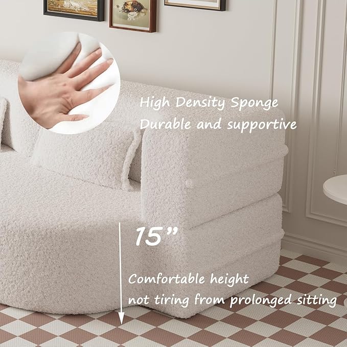 Convertible Sofa Bed Full Size｜78 Sleeper Couch with 2 Pillows｜Boucle Fabric Folding Sofa Bed｜High-Density Foam｜No Assembly｜Space-Saving｜for Living Room Guest Room｜Beige