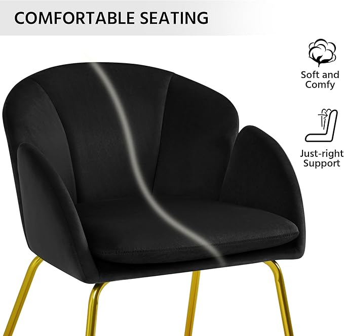 Yaheetech Modern Velvet Armchair Flower Shaped Makeup Chair Vanity Chair with Golden Metal Legs for Living Room/Makeup Room/Bedroom/Home Office/Kitchen Black