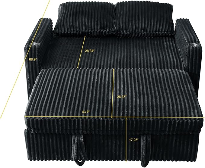 3 in 1 Pull Out Couch 56 Inch Corduroy Sofa Bed Convertible Loveseat Sleeper Sofa for Living Room Adjustment Backrest Upholstered Couch Bed with 2 Side Pockets USB Cup Holder Black