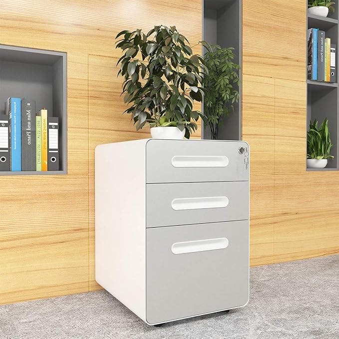 YITAHOME 3-Drawer Rolling File Cabinet Metal Mobile File Cabinet with Lock Filing Cabinet Under Desk fits Legal/A4 Size for Home/Office Fully Assembled-Gray and White