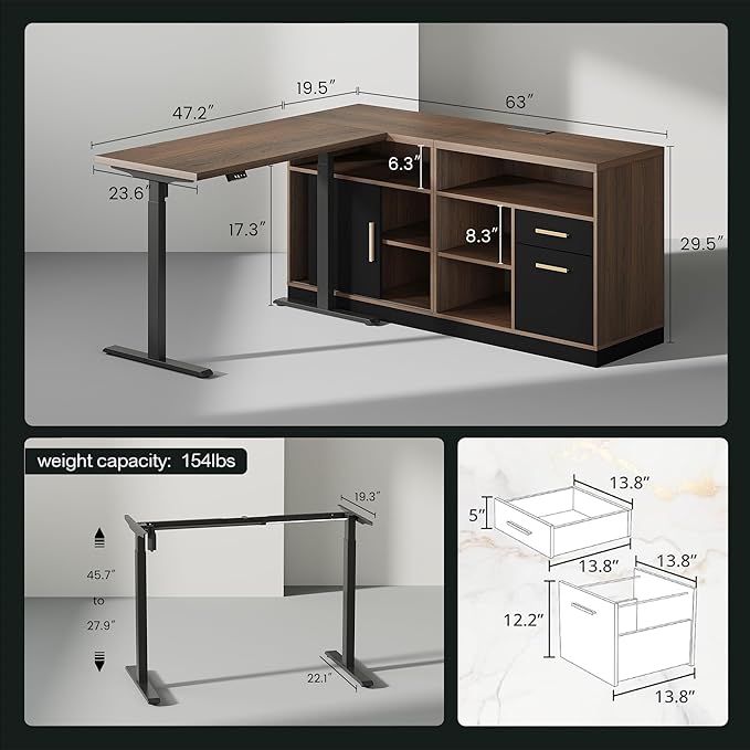 Home Office Furniture Set 114 Standing Desk with 2 File Cabinets AC/USB Extra Long Double Desk for 2 Person Electric Height Adjustable for Home and Office Black Walnut