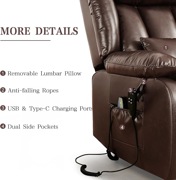 Infinite Position Lay Flat Lift Recliner Chair for Adults Dual Motor Power Lift Chair for Elderly with Massage &amp Heating Extended Footrest USB Ports Remote Control &amp Lumbar Pillow Leather