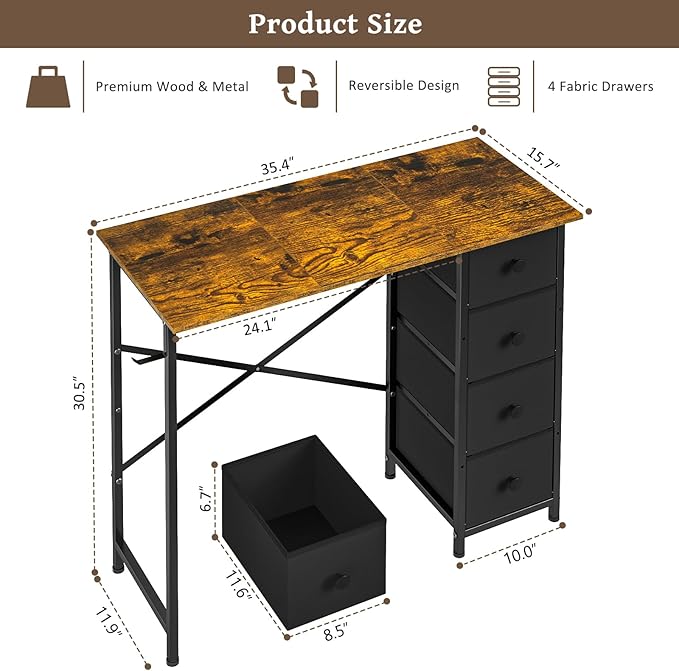 Small Computer Desk with 4 Fabric Drawers 36 Inch Reversible Writing Desk for Home Office Bedroom Modern Simple Kids Student Study Desk with Storage Compact Desk for Small Spaces Rustic Brown