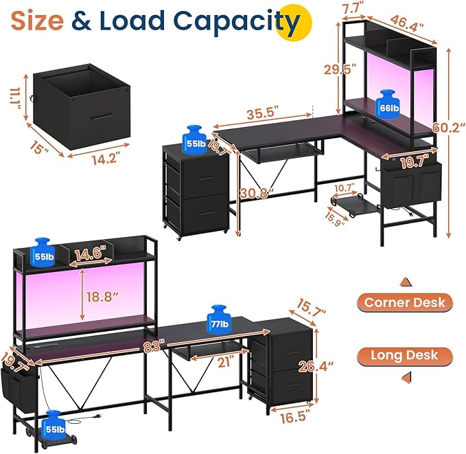 L Shaped Gaming Desk with Shelves 55in Reversible Home Office Desks with Power Outlet RGB Led Strip Movable File Cabinet Keyboard Tray 2 Drawers (Black)