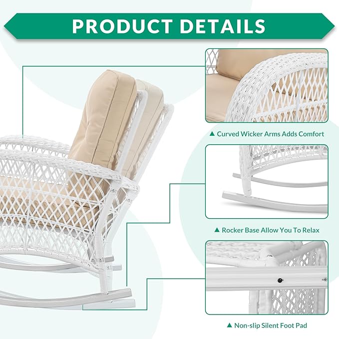 VIVIJASON 2 Piece Patio Wicker Rattan Rocker Chair Outdoor Rattan Rocker Chair with Cushions &amp Steel Frame All-Weather Rocking Lawn Wicker Furniture for Garden Backyard Porch (White Wicker/Beige