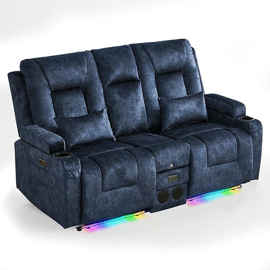 Houjud Power Reclining Loveseat Recliner Sofa with Console Wall-Hugger RV Couch with USB Ports Cup Holders Bluetooth Speakers &amp Ambient Lighting for Home Theater or Camper Velvet Blue