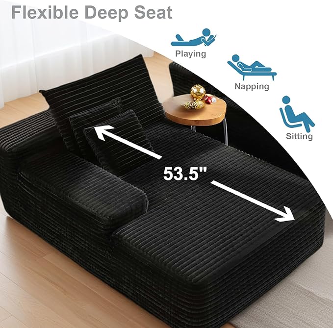 82 Oversized Sectional Couches for Living Room Black Corduroy Boneless Sofa Bed Double Comfy Chaise Lounge Chair Indoor Cloud Couch No Assembly(Black)