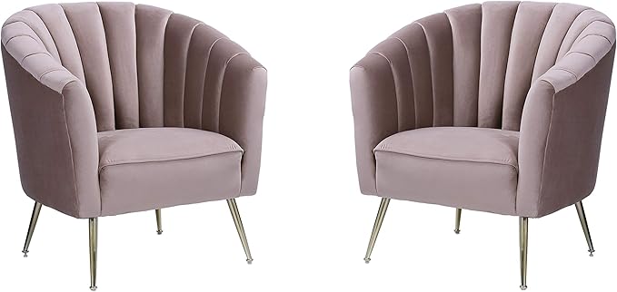 Manhattan Comfort Rosemont Velvet Accent Armchair Scalloped Chair with Mid-Century Modern Shell-Style with Wraparound Back Vertical Channeling Ideal for Living Room Use Set of 1 Blush