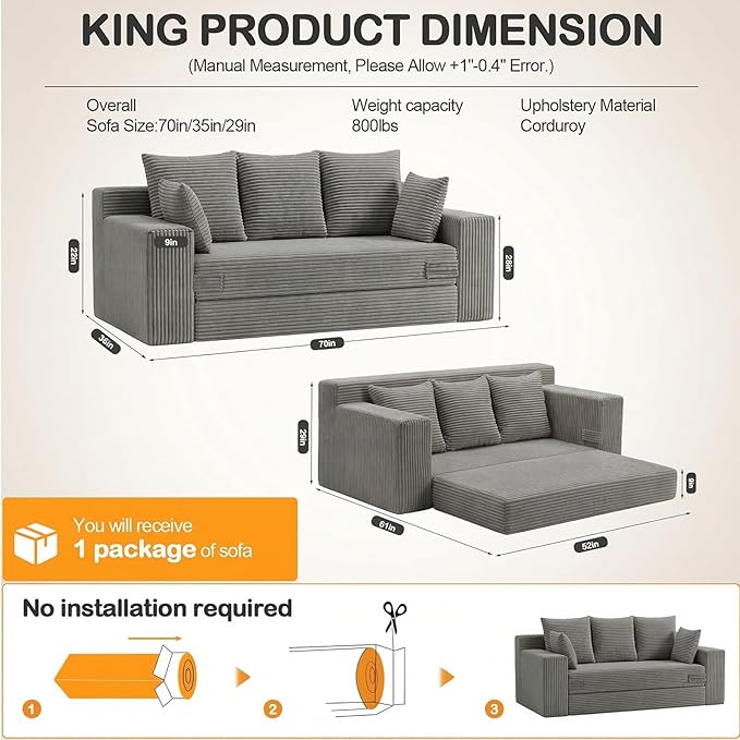 Oversize Loveseat Boneless Convertible Sofa Bed Folding Floor Futon Sleeper Sofa Queen Size Couch Bed- Boneless Foldable Couch Corduroy Pull Out Sofa Bed with 5 Pillows for Living Room &amp Bedroom