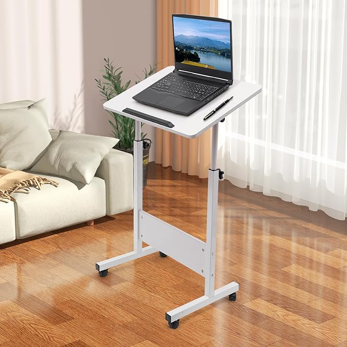 Movable Standing Desk Adjustable Height&ampAngle Rolling Computer Stand Laptop Podium Desk Lectern Portable Tilting Top Mobile Standing Lifting Desk for Office Classroom School (White)