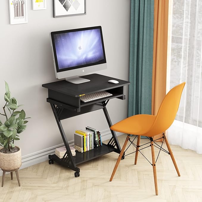 Computer Desk with Keyboard Tray 23.6 inch Rolling Small Desk with Wheels Computer Cart with Storage Mobile Desk Z Shaped for PC Home Office Black