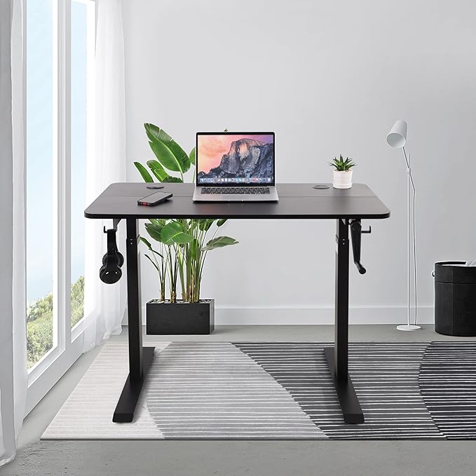 UNICOO - Crank Adjustable Height Standing Desk Game Table Home Office Table Computer Table with USB and Wireless Charger (NTCSET-01 - Black - M2)