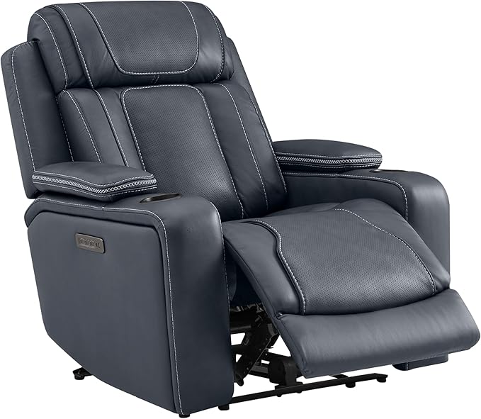 Watson &amp Whitely Super Zero Gravity Recliner Chair Oversized Genuine Leather Electric Recliner W Power Adjustable Headrest &amp Lumbar Support Hidden Storage for Living Room Navy Blue