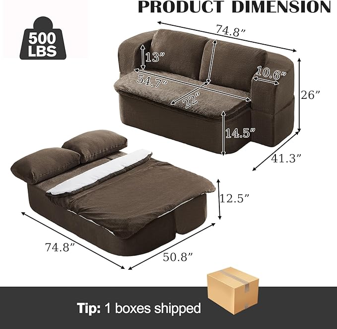 2-in-1 Convertible Sofa Bed 74.8 Memory Foam Boneless Couch Bed Full Size Love Seat Sleeper Sofa Floor Couch Loveseat with 2 Pillows for Living Room Bedroom Apartment Office No Assembly Brown