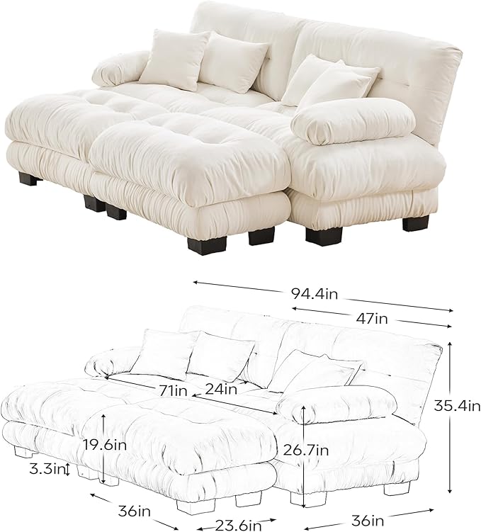Modular Sectional Sofa Bed Chenille Comfy Cloud Couch with 2 Ottomans Sleeper Daybed with 2 Lumbar Pillows and 2 Throw Pillows Couches for Living Room (White 2 Seat + 2 Ottoman)
