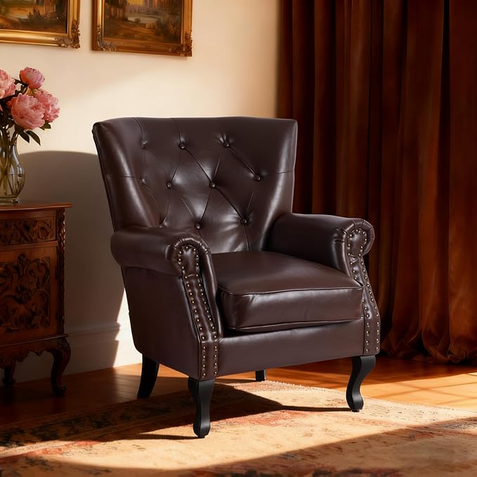 Modern Accent Chair Mid-Century Faux Leather Armchair with Solid Wood Legs Single Sofa Club Chair for Living Room Bedroom Leisure Room Reading Room(Caramel)