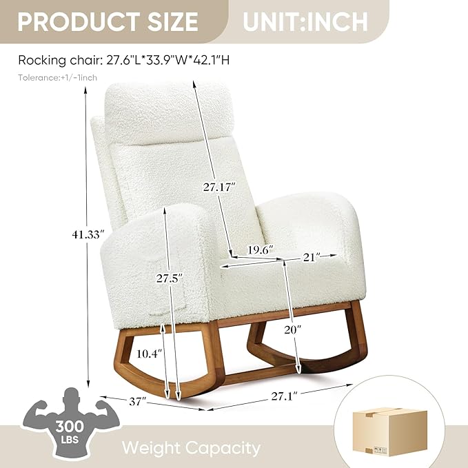Nursery Rocking Glider Chair Modern Fabric Tall Back Accent Rocker Chair Upholstered Arm Chair w/Side Pockets Modern Leisure Single Sofa for Living Room Hotel Bedroom Office Cream