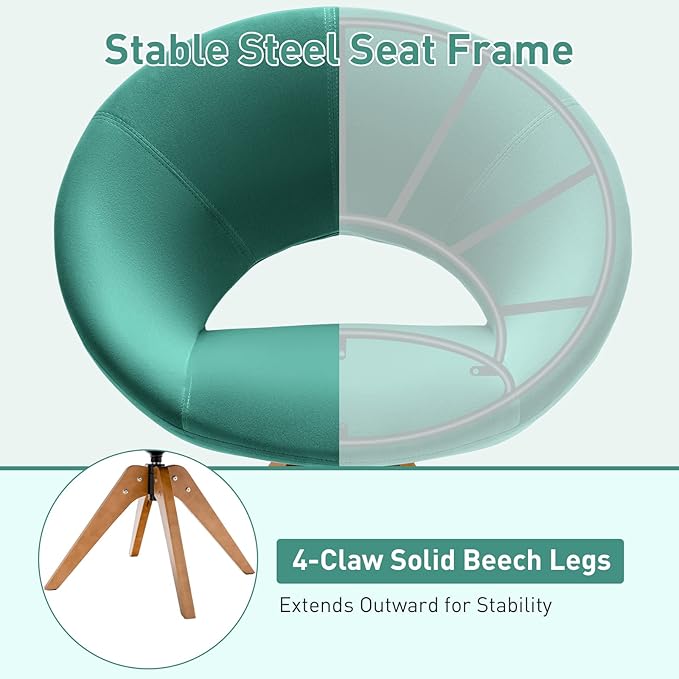 Giantex Swivel Accent Chair Modern Office Chair with Wood Legs Oversized Upholstered Seat Round Tufted Back Velvet Vanity Chair for Living Room Bedroom Green