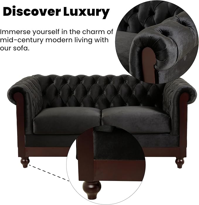 Merax Velvet Chesterfield Sofa Retro Style Upholstered 3 Seater Leather Couch Rolled Arm for Living Room Bedroom Office Black