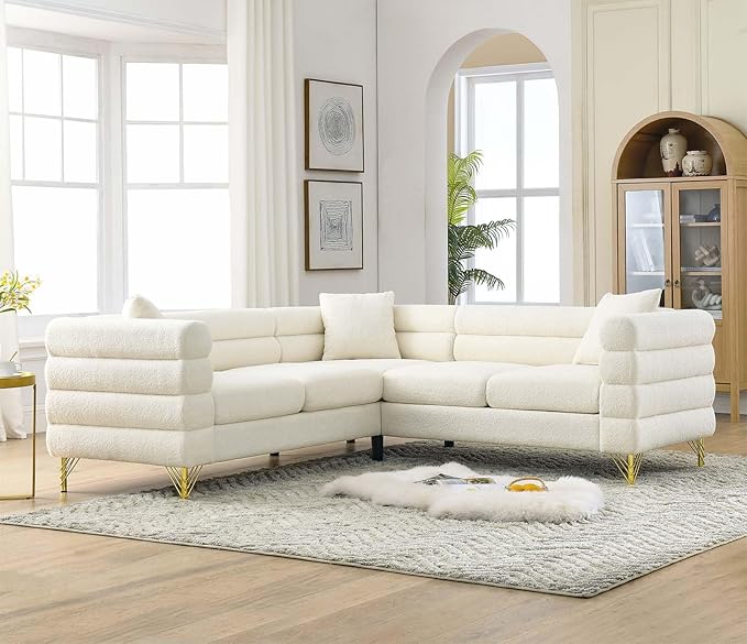 Antetek L-Shaped Sectional Couches Modern Teddy Fabric Upholstered Chaise Lounge Sofa Couch with Square Arm and 4 Golden Metal Legs for Living Room Office Ivory